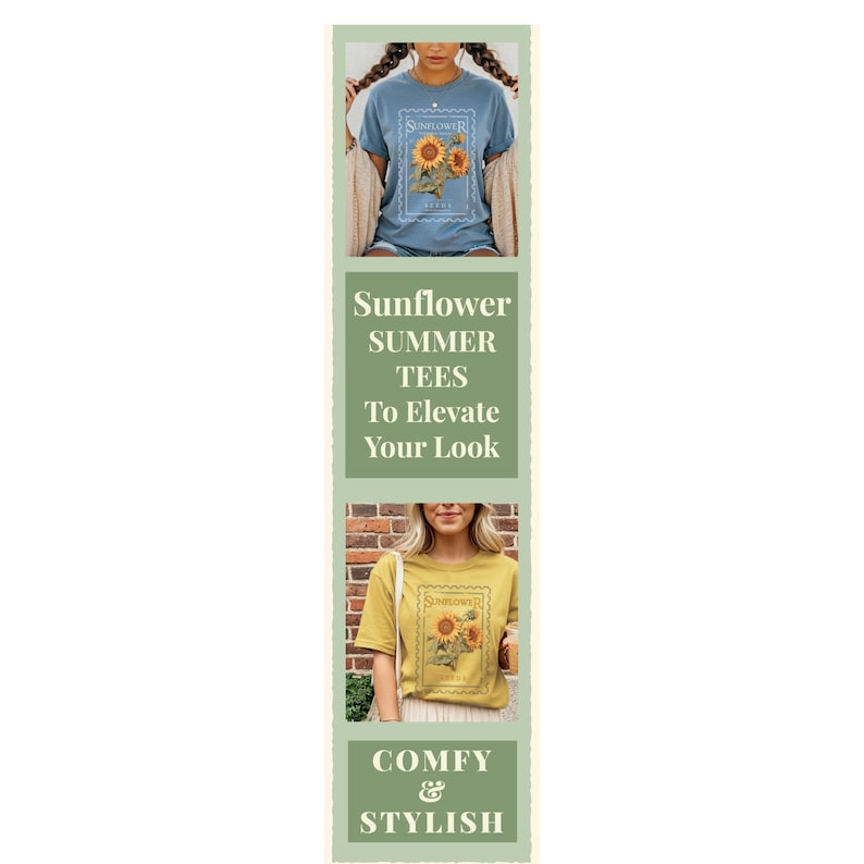 May include: Two women wearing short-sleeved t-shirts with a sunflower design. The shirts are blue and yellow. The text on the shirts reads "Sunflower" and "Summer Tees To Elevate Your Look". The bottom of the image says "Comfy & Stylish".