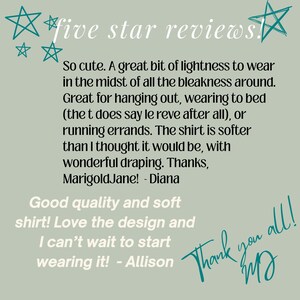 May include: A light green background with the words "five star reviews!" in white. The text includes customer reviews praising the quality and softness of a shirt, with phrases like "So cute" and "Good quality and soft shirt!"