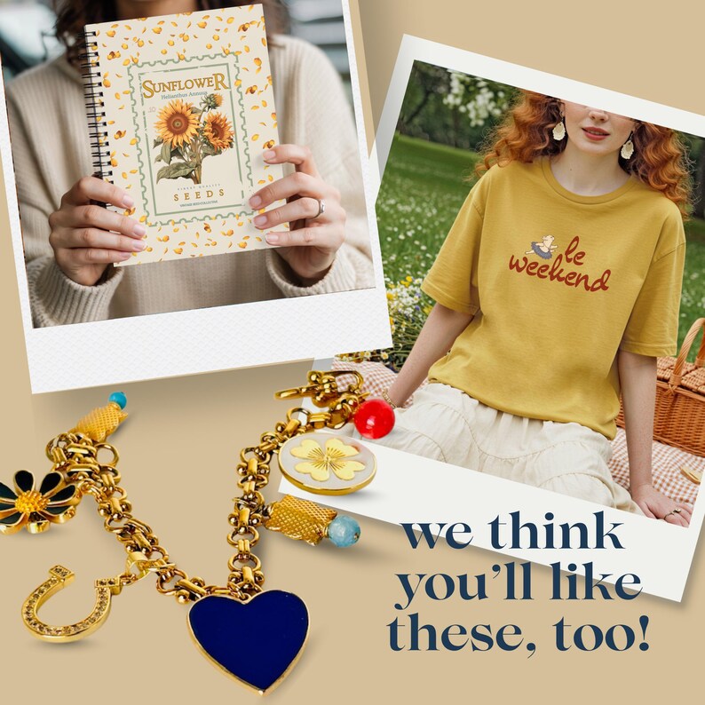 May include: A spiral-bound notebook with a sunflower design and the text "Sunflower Seeds". A gold charm bracelet with various charms, including a blue heart, a horseshoe, and a flower. A yellow t-shirt with the text "be weekend".