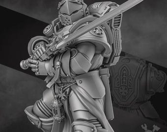 May include: A gray, detailed figurine of a warrior in ornate armor, holding a large sword. The armor features skull motifs and intricate designs. The warrior is posed in a dynamic stance, suggesting action and readiness.