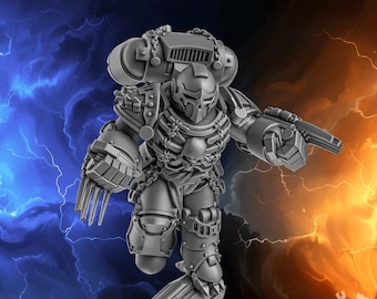 May include: A gray, detailed miniature figure of a futuristic warrior in full armor. The figure has a helmet, shoulder pads, and a backpack. It is holding a weapon and has a mechanical claw hand. The background features a blue and orange lightning effect.