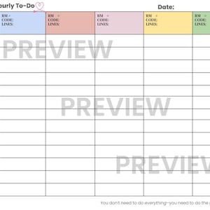 Può includere: Un grafico bianco di "Nurse Hourly To-Do" con un'icona a forma di cuore rosa in alto. Il grafico include sezioni per il turno diurno e notturno, il codice RM e le righe. Il testo "PREVIEW" è filigranato sul grafico.