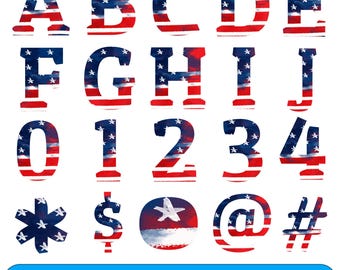 4. Juli Alphabet Set PNG, Buchstaben der Amerikanischen Flagge, Alpha America Set-Design, Zahlen und Zeichen ClipArt, Sublimation USA Alphabet