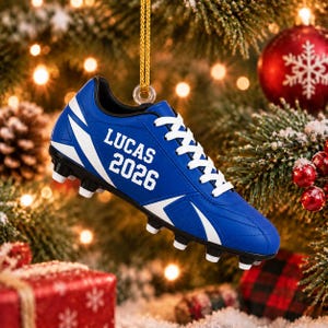 Custom Name Soccer Cleat 2D Flat Ornament, Personalized Christmas Ornament, Blue Football Boot Xmas Gift