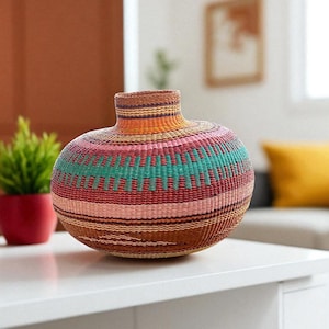 May include: A handwoven, colorful basket vase with a round body and a narrow neck. The vase features horizontal bands of brown, orange, pink, and teal. The vase is sitting on a white surface.