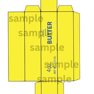 May include: A flat, yellow cardboard box template for butter packaging. The central panel features the blue text 'SALTED BUTTER' and '4 oz. NET WT (113 g)'. The word 'sample' is printed in light grey across the entire yellow surface.