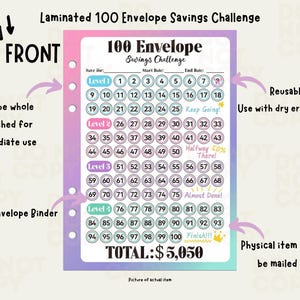 May include: A laminated 100 envelope savings challenge tracker with a pink, purple, and blue gradient background. The tracker has a dry erase surface and is designed to be used with a dry erase marker. The tracker is divided into four levels, each with a different color. The tracker includes a total of 100 envelopes, with a total savings goal of $5,050.