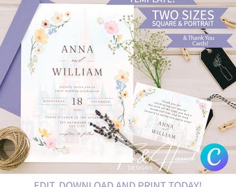 May include: Editable wedding invitation template featuring a watercolor illustration of a castle with floral accents. The text reads "Anna and William" and includes the date "Wednesday, December 18, 2026".