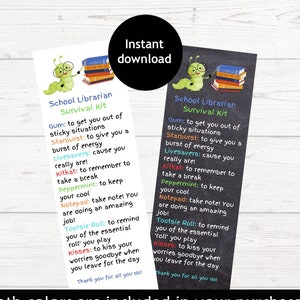 Printable School Librarian Survival Kit | School Librarian Appreciation Gift | National Librarian Day Gift | Printable Bookmark