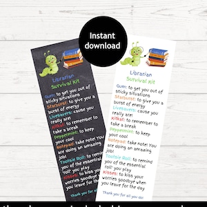 Librarian Survival Kit | Librarian Appreciation Gift | Printable Bookmark for Librarians |