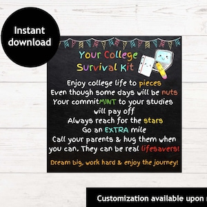 Overlevingspakket voor de universiteit | Zorgpakket Weggaan naar de universiteit | Afdrukbare Survival Kit-tag | Afgestudeerd cadeau voor de middelbare school |