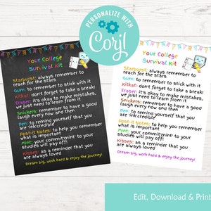 Editable College Survival Kit | Printable College Survival Kit | Going Away to College Gift Ideas | College Care Package