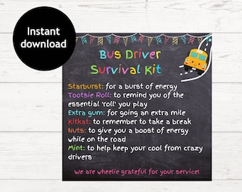 Bus Driver Survival Kit Tag | Bus Driver Appreciation Tag | Printable Back to School Tag | Bus Driver Gift |
