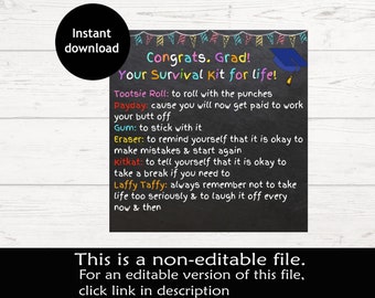 Graduate Survival Kit Tag | Congrats Grad, Survival Kit for Life | Graduation Gift Ideas | Printable Survival Kit Tag |