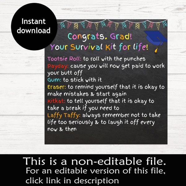 Graduate Survival Kit Tag | Congrats Grad, Survival Kit for Life | Graduation Gift Ideas | Printable Survival Kit Tag |