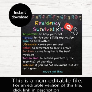 Residency Survival Kit | Residency Care Package | Residency Match Gift Ideas | Printable Survival Kit