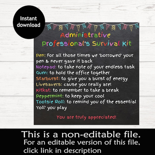 Administrative Professional Day Gift Tag | Secretary Appreciation Day Printable Tag | Administrative Assistant's Survival Kit Tag |