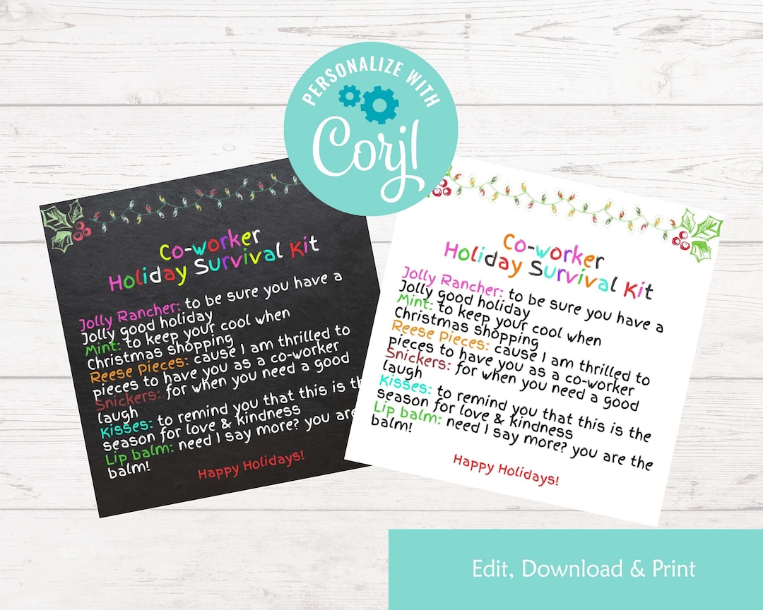 Editable Coworker Holiday Survival Kit Tag Christmas Gift for