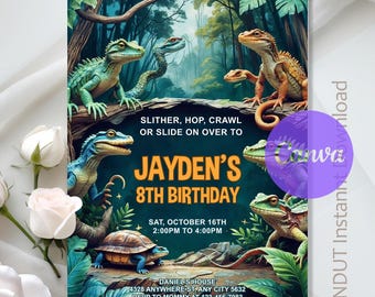 Reptile Birthday Invitation,Reptile Invitation,Reptile Party Invitation,Animal Encounter Party,Instant Download,Editable,Canva Template