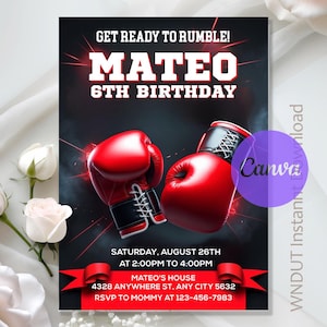 Boxing Birthday Invitation,Boxing Birthday Party,Boxing Gloves Invitation,Sport Boxing Party,Instant Download,Editable,Canva