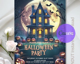 Halloween Party Invitation,Halloween Invitation,Halloween Castle Pumpkin Party,Scary Invitation,Horror Party,Editable,Canva Template
