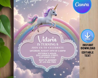 May include: A whimsical invitation featuring a white unicorn with a golden horn, a rainbow, and fluffy clouds. The invitation is for Victoria's 8th birthday, with details including the date, time, and location. The text "A magical day is on the way" is written at the top.