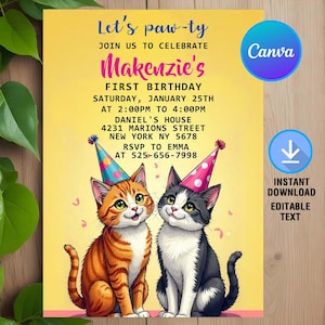 Kitty Cat Birthday Invitation,Cat Invitation,Cute Cat Birthday Party,Cat Birthday Invitation,Instant Download,Editable,Canva Template