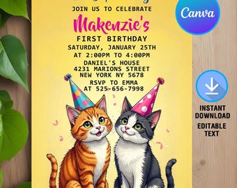Kitty Cat Birthday Invitation,Cat Invitation,Cute Cat Birthday Party,Cat Birthday Invitation,Instant Download,Editable,Canva Template
