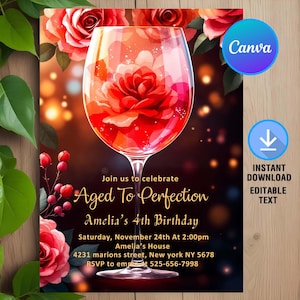 Aged to Perfection Birthday Invitation,fine like wine birthday invite,floral winery invite,Wine Invitation,Instant Download,Editable,Canva