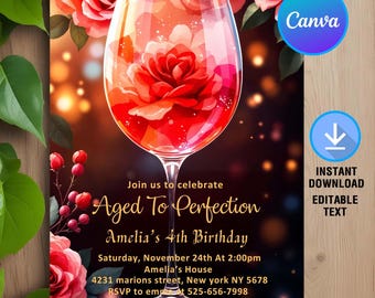 Aged to Perfection Birthday Invitation,fine like wine birthday invite,floral winery invite,Wine Invitation,Instant Download,Editable,Canva
