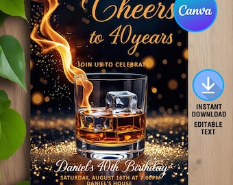 Whiskey Birthday Invitation,Whiskey Party Black and Gold,40th,50th Any Age,Adult Men Birthday Invite,Instant Download,Editable,Canva