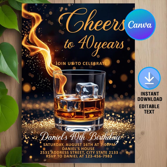 Whiskey Birthday Invitation,Whiskey Party Black and Gold,40th,50th Any Age,Adult Men Birthday Invite,Instant Download,Editable,Canva