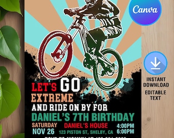 May include: A birthday party invitation with a graphic of a person riding a mountain bike. The text reads "Let's Go Extreme and Ride On By For Daniel's 7th Birthday. Saturday, Nov 26, Daniel's House, 123 Piston St, Shelby, CA, 4:00PM - 6:00PM. RSVP to Mommy at 468-221-6689."