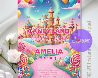 Candyland Birthday Invitation,Candyland Birthday Party,Candy Party,Sweet Candy Invitation,Instant Download,Editable Text,Canva