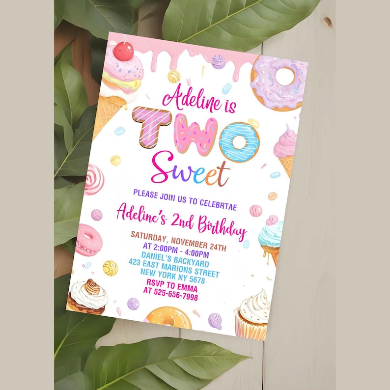 May include: A pink and white birthday invitation with a donut and cupcake theme. The text reads "Adeline is Two Sweet" and includes details for a birthday party on November 24th.