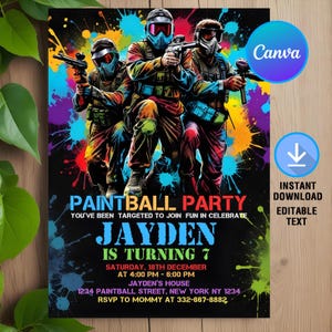 Faire-part de paintball, invitation d'anniversaire de paintball, fête d'anniversaire de paintball, téléchargement immédiat, imprimable, modifiable, modèle de toile