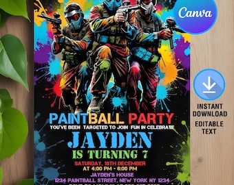 Invitación de paintball, invitación de cumpleaños de paintball, fiesta de cumpleaños de paintball, descarga instantánea, imprimible, editable, plantilla de Canva