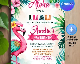 Aloha Luau Birthday Invitation,Luau Birthday Invite,Aloha Invitation,Tropical Birthday,Hawaiian Invitation,Editable,Canva Template