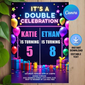 Double Celebration Birthday Invitation,Double Birthday Invite,Joint Birthday Party,Sibling Birthday,Instant Download,Editable,Canva