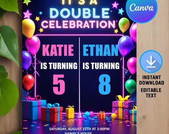 Invitación de cumpleaños para dos personas, invitación de cumpleaños doble, fiesta de cumpleaños conjunta, cumpleaños de hermanos, descarga instantánea, editable, Canva