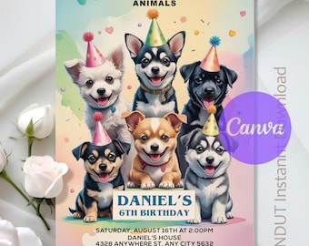 Dog Birthday Invitation,Dog Birthday Party,Puppy Dog Birthday,Cute Dog Party,Puppy Paw-ty Invite,Instant Download,Editable,Canva