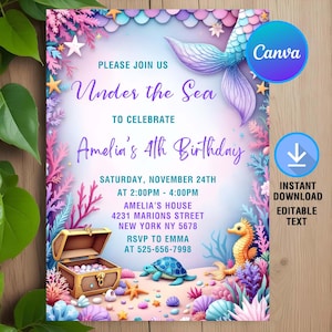 May include: An invitation to a 4th birthday party with an under the sea theme. The invitation features a mermaid tail, a seahorse, a turtle, and a treasure chest. The text on the invitation reads "Please join us Under the Sea to celebrate Amelia's 4th Birthday. Saturday, November 24th at 2:00pm - 4:00pm. Amelia's House 4231 Marions Street New York NY 5678 RSVP to Emma at 525-656-7998."