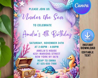 Invitación bajo el mar, fiesta de cumpleaños bajo el mar, cumpleaños bajo el mar, invitación de animales marinos, descarga instantánea, editable, plantilla de Canva