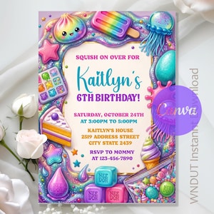 Squishy Sensory Birthday Invitation,Squishy Rainbow Birthday Party,Squishy Party Invite,Instant Download,Editable Text Canva