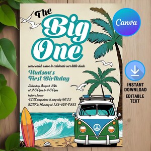 The Big One Surfing 1st Birthday Party Invitation,Retro Van Surfboard Beach Summer Party,Instant Download Editable Canva