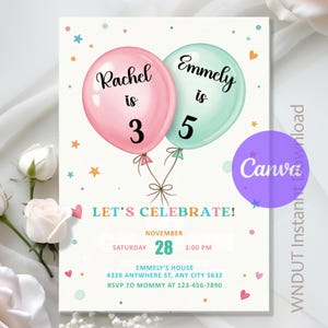 Puede incluir: Una invitación de cumpleaños con dos globos, uno rosa y otro verde azulado, con los nombres "Rachel" y "Emmely" y los números "3" y "5". La invitación incluye el texto "Let's Celebrate!" y los detalles del evento.