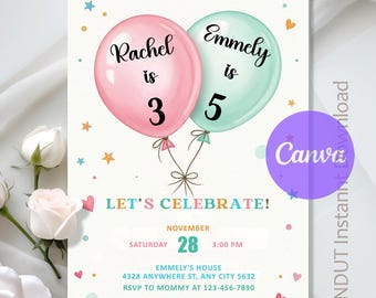 Double Birthday Invitation,Girl Joint Birthday Party,Sibling Birthday Party,Double Balloon Party,Instant Download,Editable,Canva