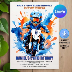 Verjaardagsuitnodiging voor crossmotor, avontuur op crossmotor, motorcross verjaardagsuitnodiging, motor uitnodigen, instant download, bewerkbaar, canvas