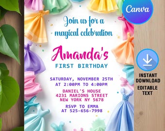 Prinzessin Geburtstagseinladung,Prinzessin einladen,Prinzessinnenkleider Geburtstagseinladung,Royal Girl Dress Party,Sofortiger Download, bearbeitbar,Canva