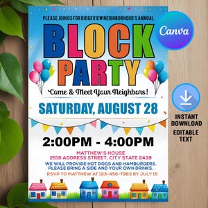 Może przedstawiać: Kolorowa ulotka na imprezę blokową, z napisem "BLOCK PARTY" dużymi, wielokolorowymi literami. Ulotka zawiera szczegóły dotyczące wydarzenia, takie jak data, godzina i miejsce, a także prośbę o RSVP.